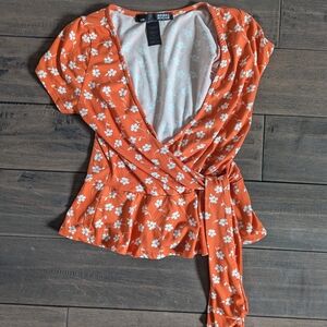 Orange Floral Wrap Top